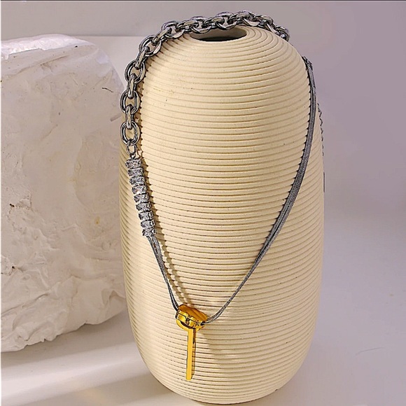Sterling Silver Chain Link Zircon Zipper Herringbone Punk Choker Necklace - Picture 13 of 14